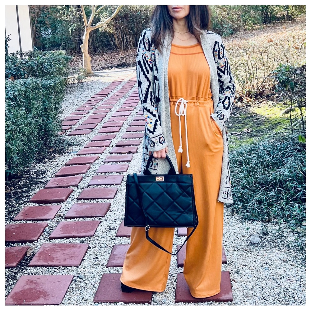 #12 Boho Ribbed Knit Wide Leg Tie at Waist Jumpsuit